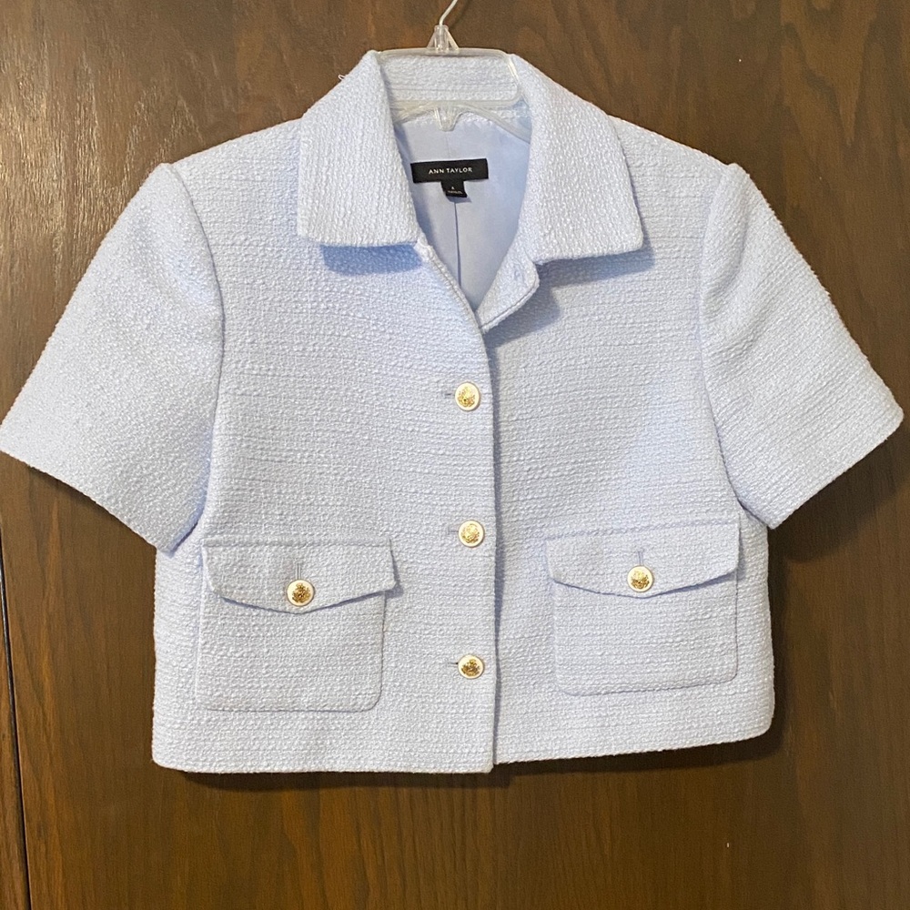 Ann Taylor Pale Blue Tweed Short Sleeve Jacket with Gold Buttons